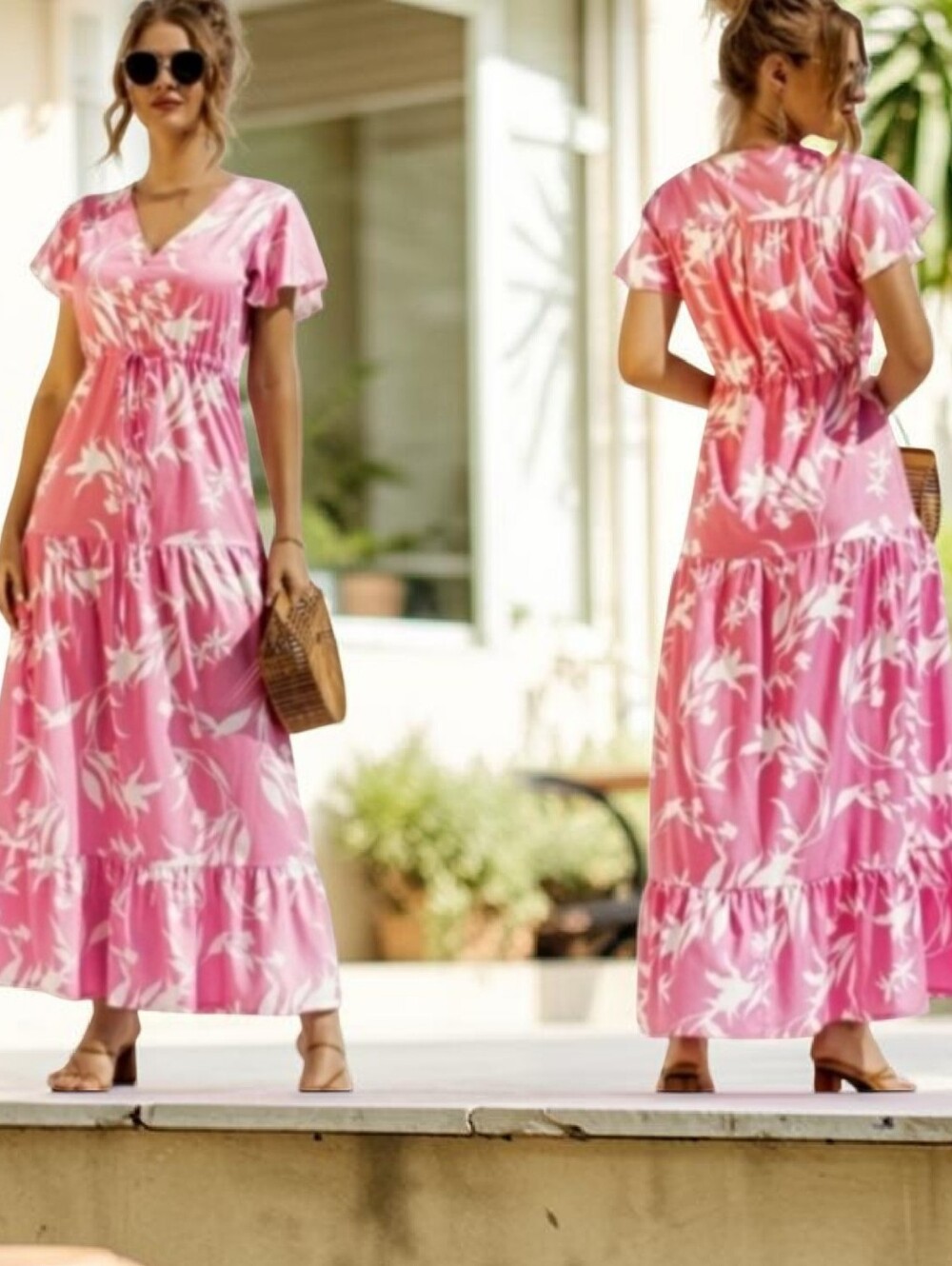 Maxi Dress Pink White Floral, M/L, Slip on, Waist Tie, Tiered Skirt, NWOT